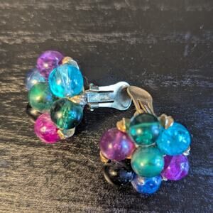 Kramer clip on blue green purple glass cluster earrings